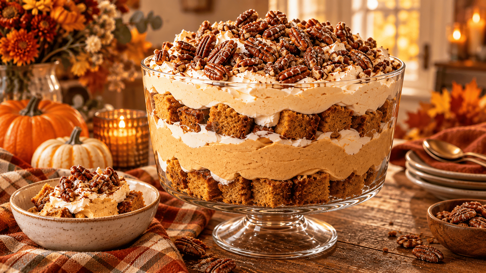 Pumpkin Mousse Trifle with Sugared Pecans in a clear glass bowl with layers of pumpkin cake, pumpkin mousse, whipped topping, and sugared pecans