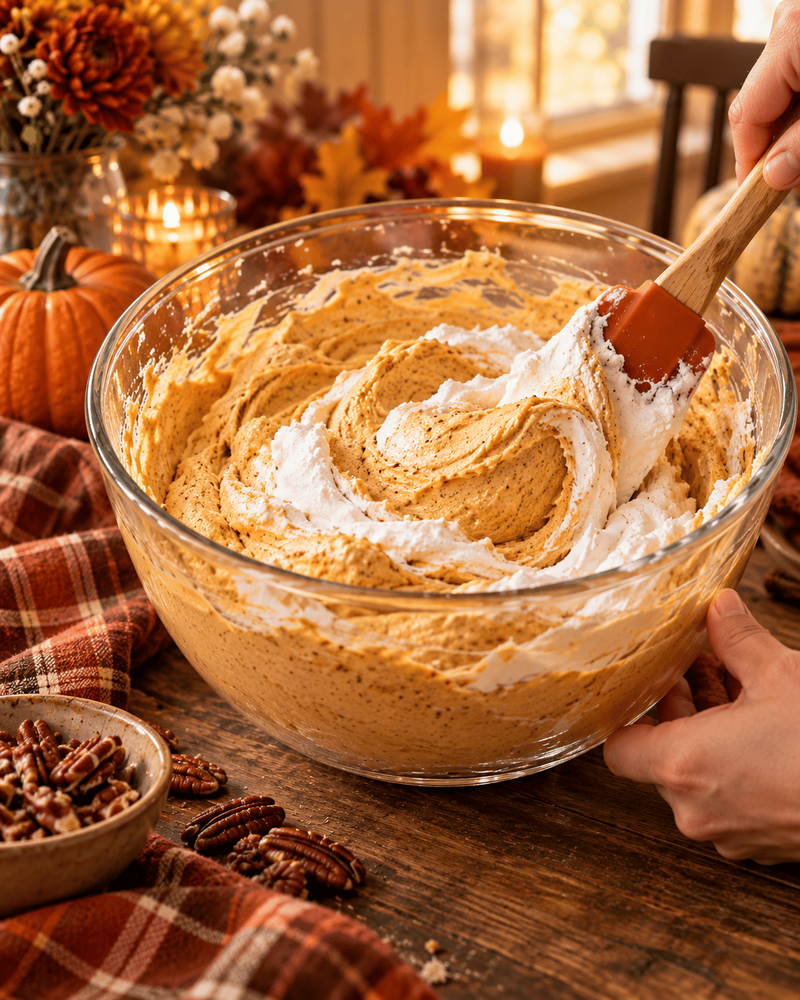 Folding whipped topping into pumpkin mousse for Pumpkin Mousse Trifle with Sugared Pecans