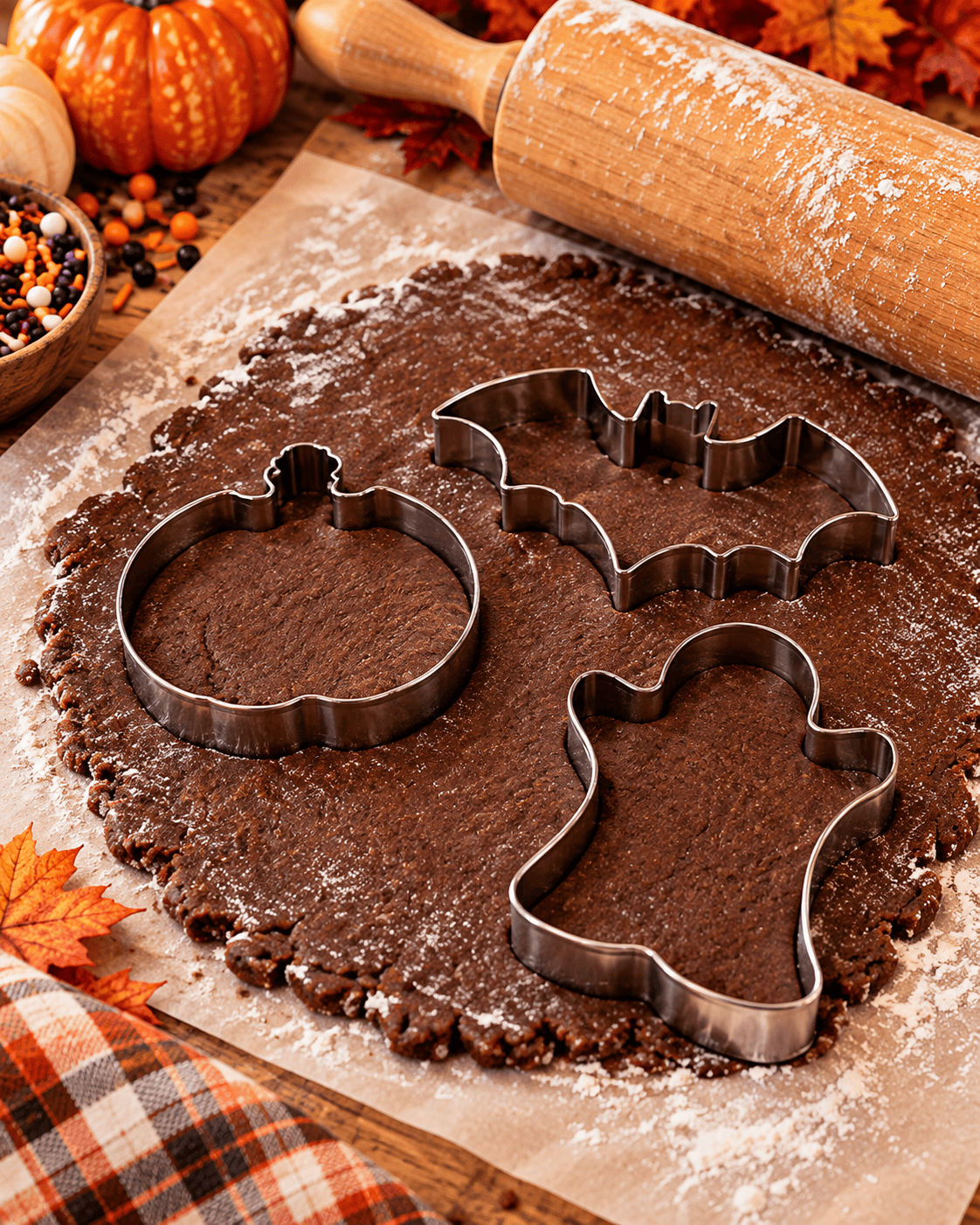Chocolate sugar cookie dough rolled one-quarter inch thick with pumpkin, bat, and ghost cookie cutters