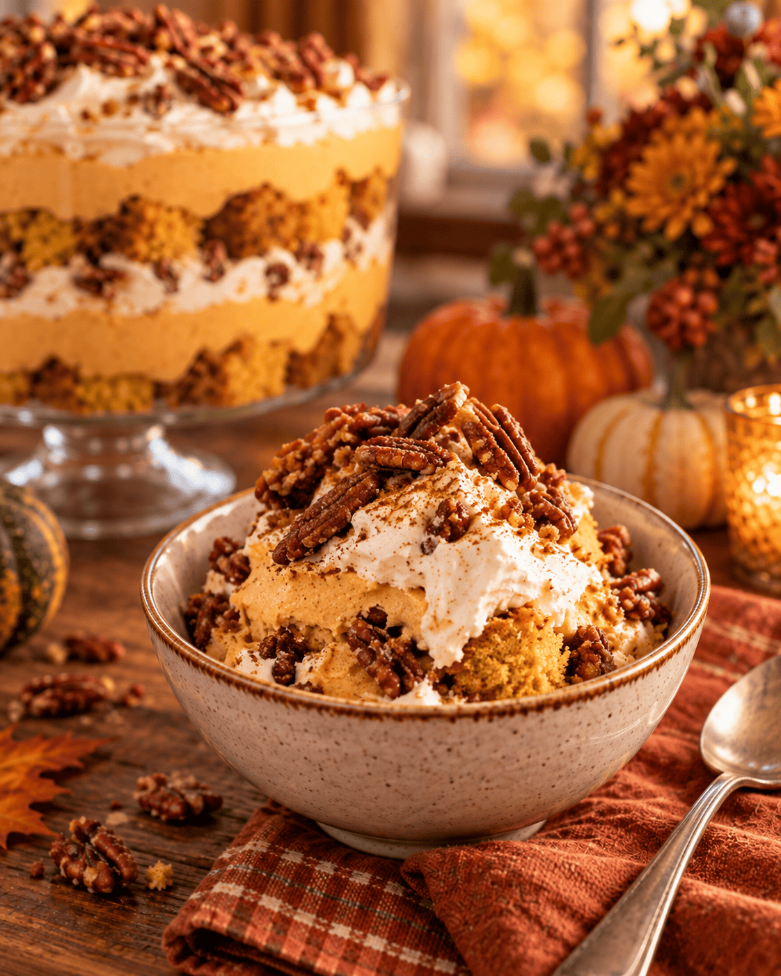 Individual serving of Pumpkin Mousse Trifle with Sugared Pecans in a bowl topped with whipped topping and sugared pecans