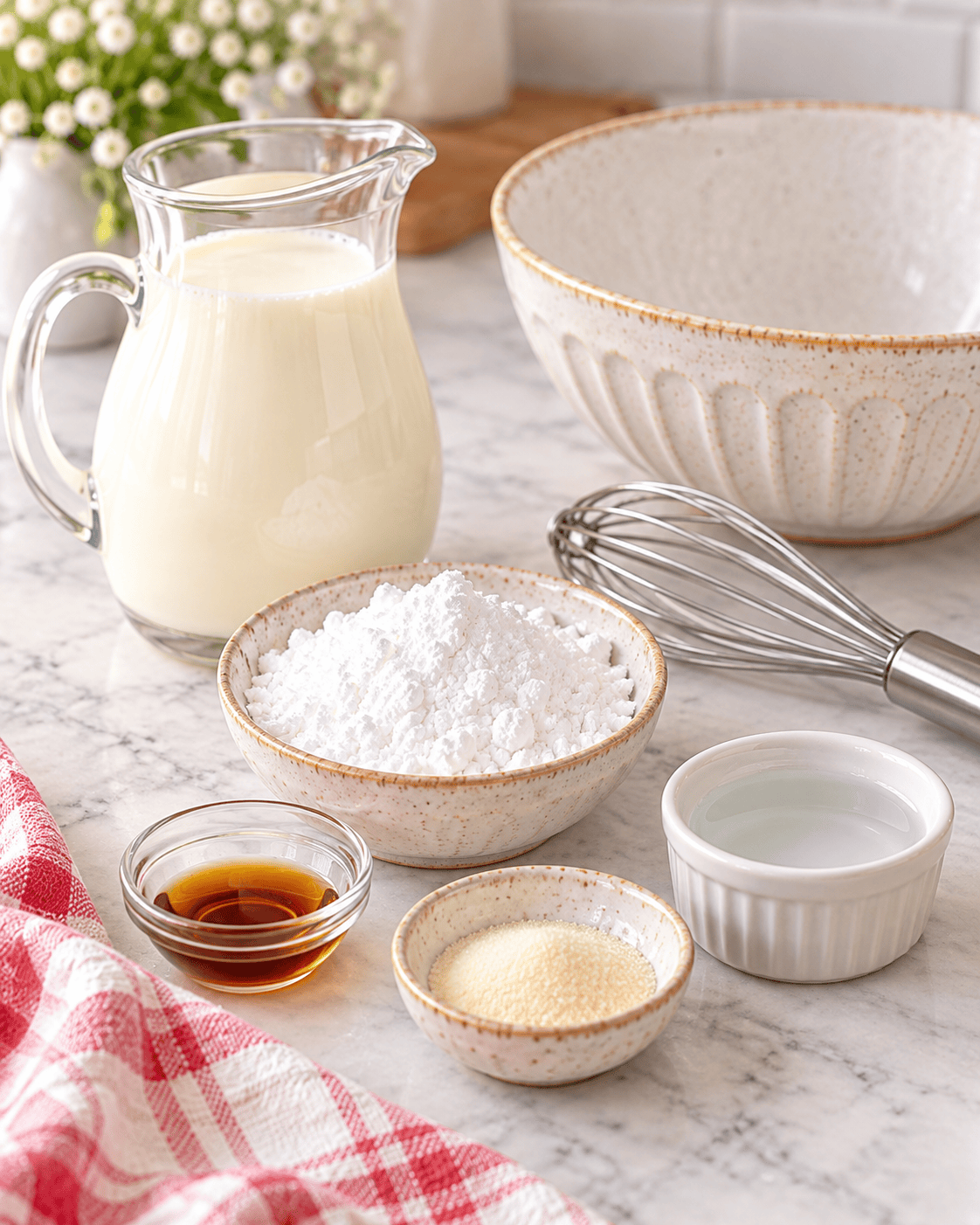 Ingredients for stabilized whipped cream including heavy cream, powdered sugar, vanilla, gelatin, and cold water