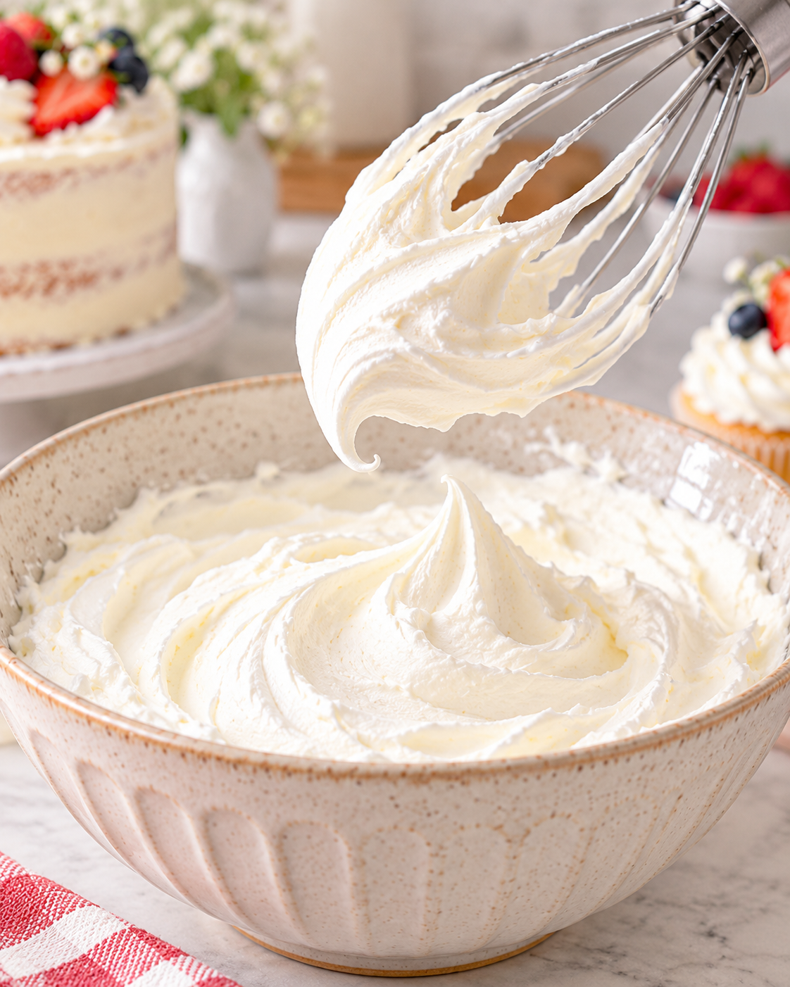 Whisk lifted from stabilized whipped cream showing soft peaks in a mixing bowl