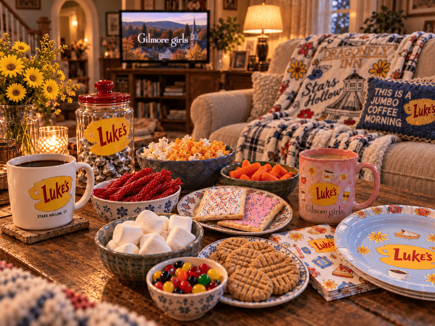 Gilmore Girls movie night snacks with six flavored popcorns, Red Vines, marshmallows, cookies, Pop-Tarts, carrots and coffee