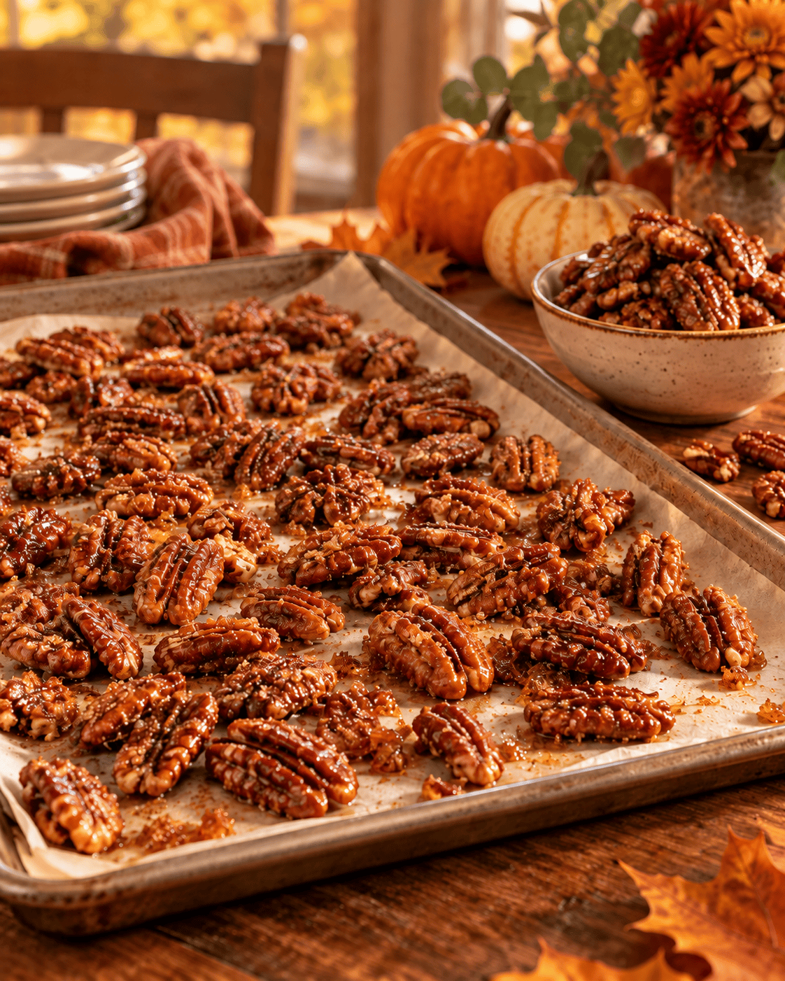 Sugared pecans on a baking sheet for Pumpkin Mousse Trifle with Sugared Pecans