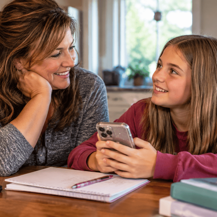 Mother and preteen daughter discussing cell phone rules and responsibility together at the kitchen table