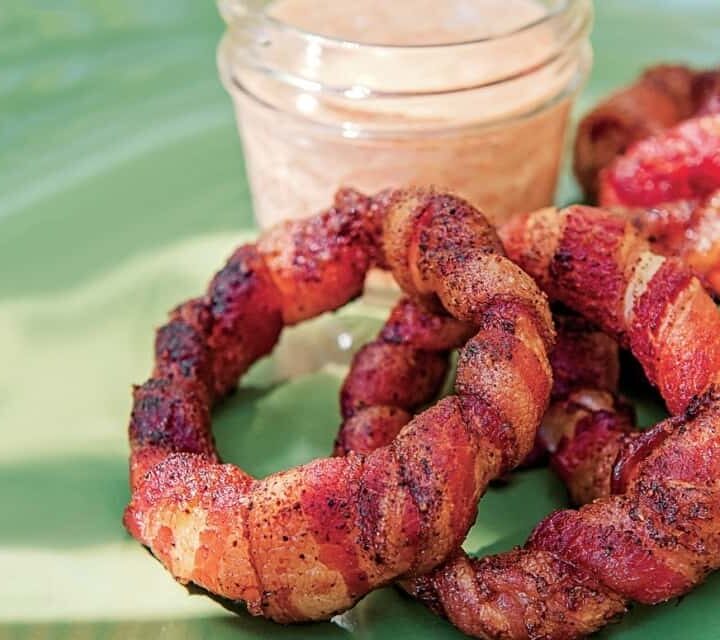 Smoked Bacon-Wrapped Onion Rings w/ Sriracha Mayo #Recipe