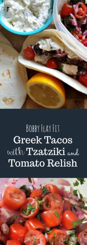 Your Tuesday Taco Night just went Greek with this delicious recipe for Greek Tacos with Tzatziki and Tomato Relish. #BobbyFlayFitGreekTacoswithTzatzikiandTomatoRelish #bobbyflay #bobbyflayrecipes #bobbyflayfit, #bobbyflaygreektacos #greektacos 
