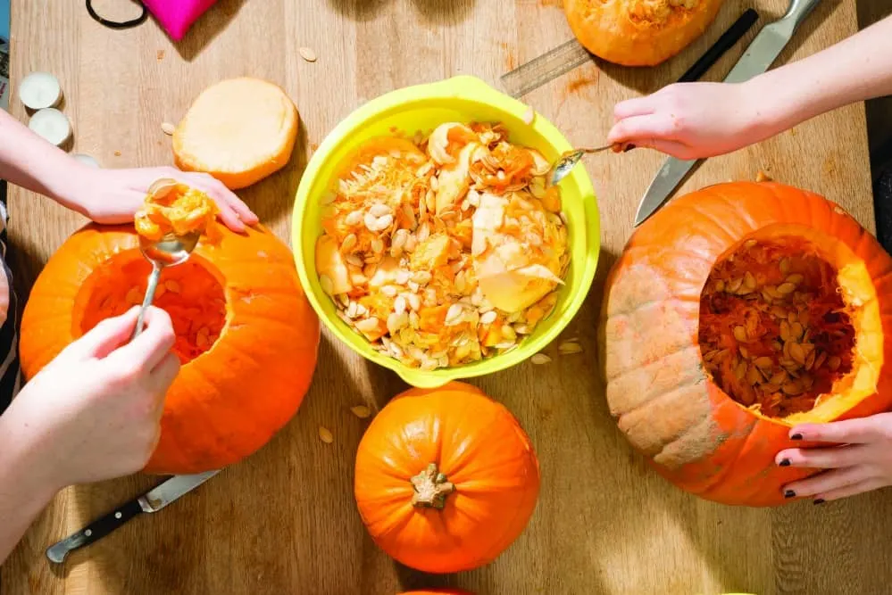 Use a scoop to completely empty the inside of the pumpkin of flesh and seeds.