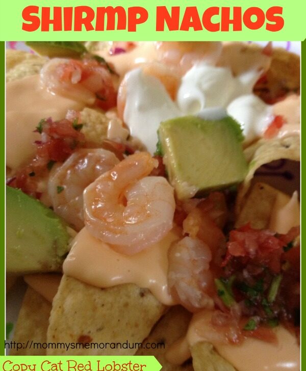 Tasty copycat Red Lobster shrimp nachos topped with cheese, shrimp, pico de gallo, and jalapenos