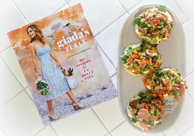 Sicilian tuna salad sandwich giadas italy on counter with cookbook