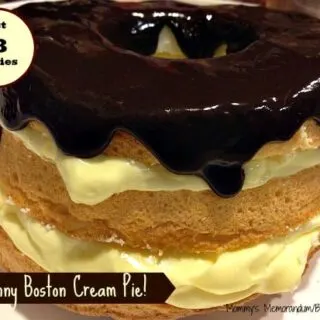 Close-up of a tempting Skinny Boston Cream Pie with sugar-free chocolate drizzle.