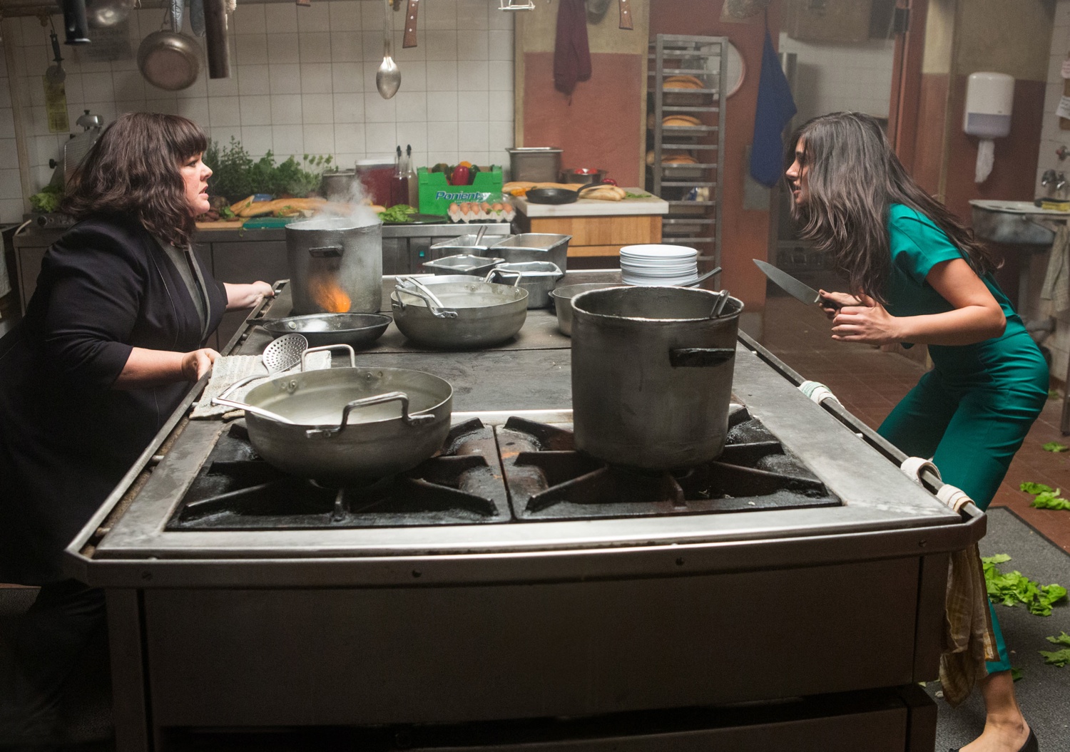 Melissa McCarthy faces off against a knife-wielding adversary (Nargis 