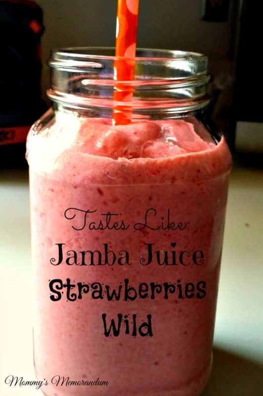 Delicious homemade smoothie that tastes like Jamba Juice Strawberries Wild in a glass jar with a straw