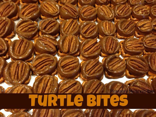 Turtle Bites made with pretzels, rolo candy and pecan halves