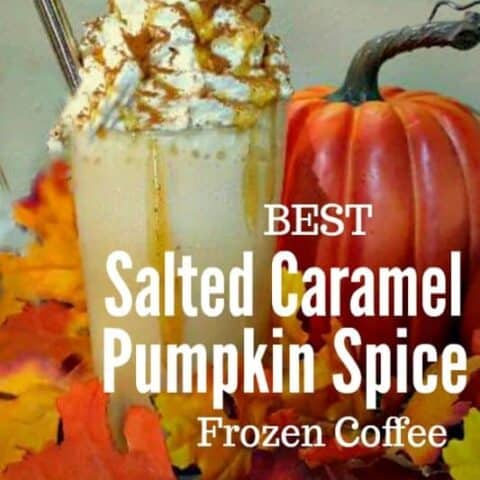 Try this fall favorite this Salted Caramel Pumpkin Spice Frozen Coffee Recipe, it's pretty close to the chain one without going out! #saltedcaramel #pumpkinspice #frozencoffee #coffee #saltedcaramelpumpkinspicecoffee