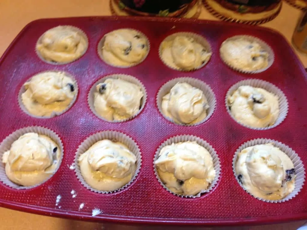 blueberry muffins add batter to muffin tin