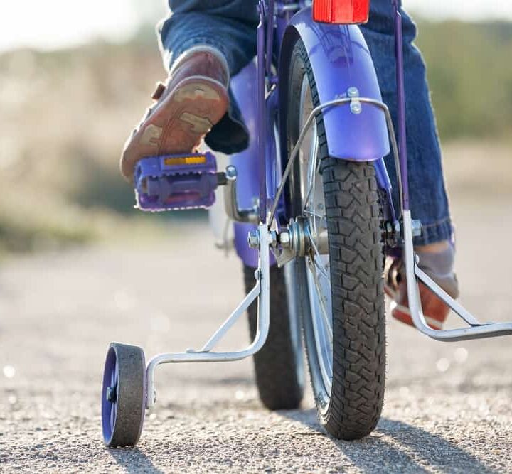 Kids bike with training wheels closeup