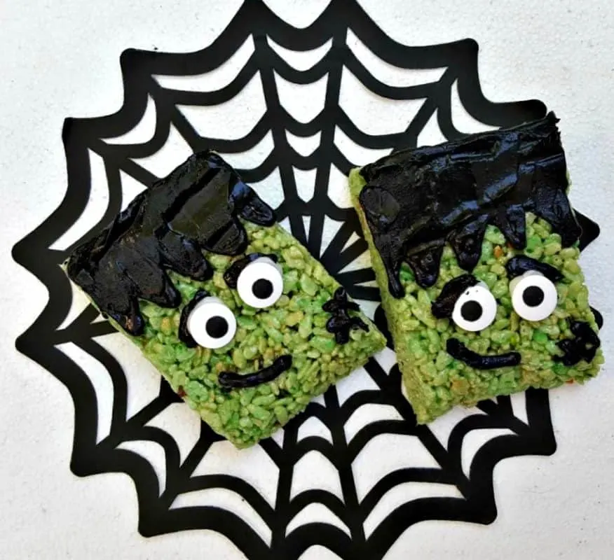 frankenstein rice krispies treats on spider web