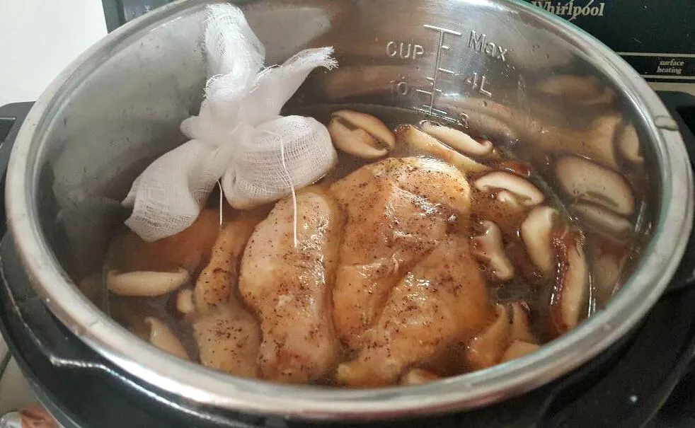 instant pot chicken pho gao with spice bag in broth