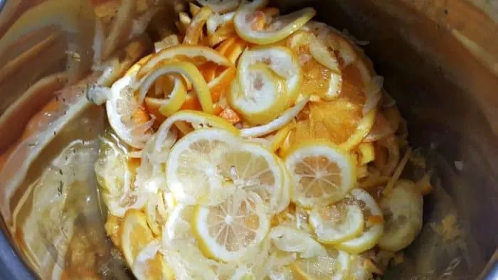 instant pot lemon cherry marmalade lemon and orange rinds in pressure cooker