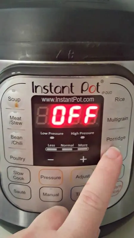 Person pressing the 'Porridge' button on an Instant Pot to set the timer for making rice pudding.