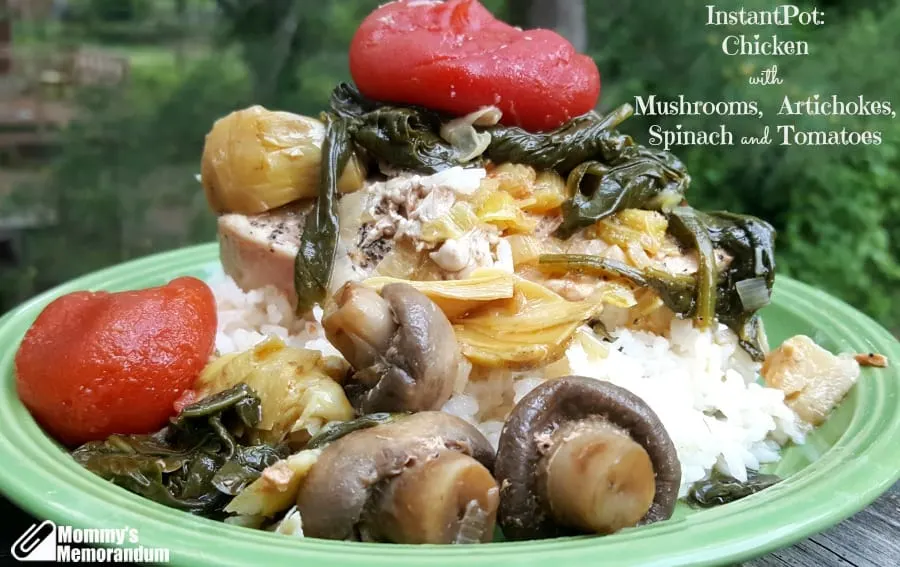 Delicious Instant Pot Chicken with Mushrooms and Artichoke Hearts served in a white bowl, ready to eat