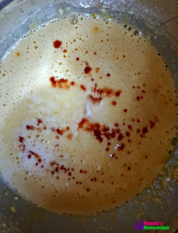 Egg mixture with Tabasco sauce blended in, ready to be poured into the green chile quiche.