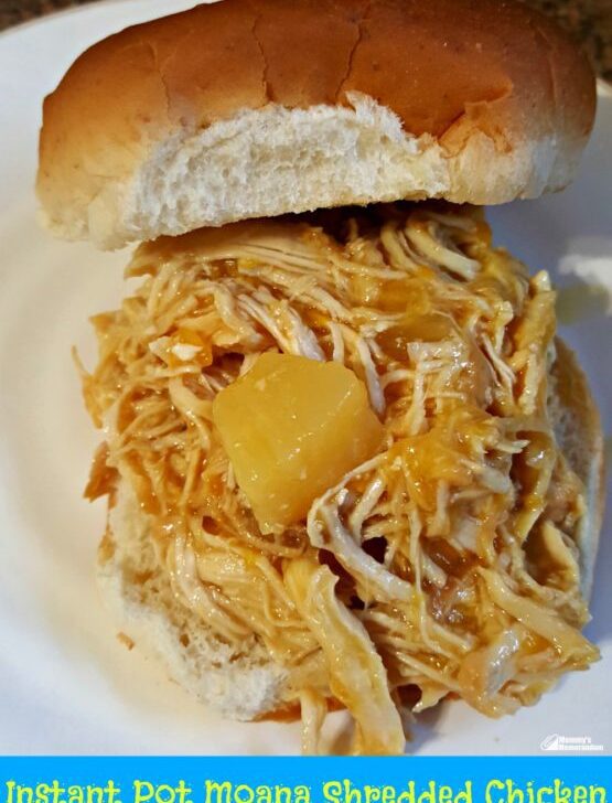 instant pot moana shredded chicken recipe on sandwich