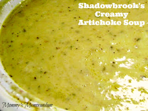 Close-up of creamy Shadowbrook Artichoke Soup with herbs