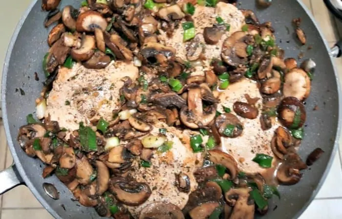 terra's kitchen garlic mushroom smothered chicken in the pan