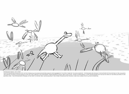 This storyboard was drawn by story artists Rosana Sullivan and Gleb Sanchez-Lobashov, both members of the Story team for “The Good Dinosaur.” Storyboards are drawn by story artists for the purpose of pre-visualizing the film and to convey a rough sense of how the story unfolds. This storyboard, from a sequence called “Above the Clouds,” is one of approximately 154,061 boards drawn for the film, of which 87,748 were delivered to the Editorial team. The storyboarding process, in the form it is known today, was developed at <a href=