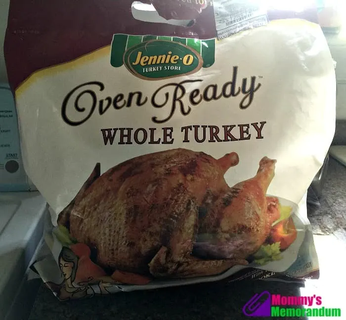 Close-up of a Jennie-O Oven Ready Whole Turkey package in a kitchen, highlighting the convenience of no prep, no thaw turkey.
